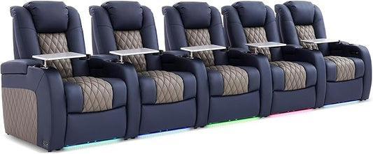 Home Theater Seating, Top Grain Leather Movie Seats Recliner Chair, Zero Gravity Reclining Gaming Sofa with Power Headrest 7 Colors Ambient Lighting 5 Seats Blue Grey