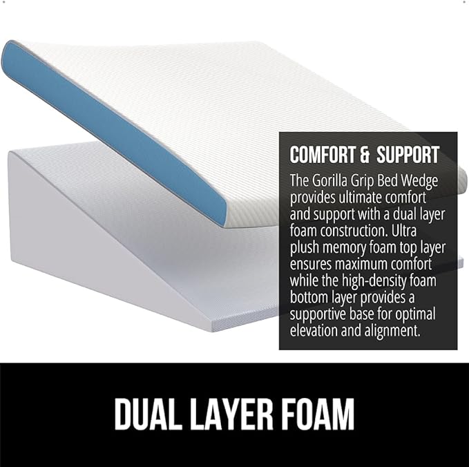 GORILLA GRIP Bed Wedge Pillow for Sleeping, Soft Dual Layer Memory Foam, Stay in Place Dots, Breathable, Ergonomic Headboard Triangle Sleep Support, Reading Elevation Anti Snoring, 12in White