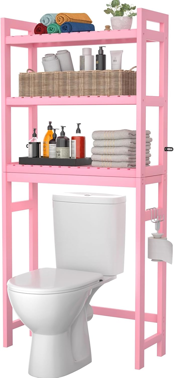 Homykic Bamboo Over The Toilet Storage Shelves, 3-Tier Above Toilet Storage Organizer Rack with 3 Hooks, Freestanding Bathroom Tower Shelf Unit for Small Space, No Rust, Easy to Assemble, Pink