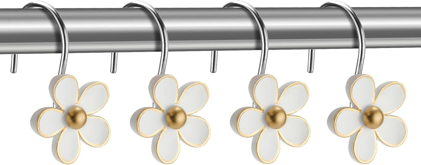Cute Flower Shower Curtain Hooks, Pretty Floral Themed Elegant Bathroom Decor, Gold/White