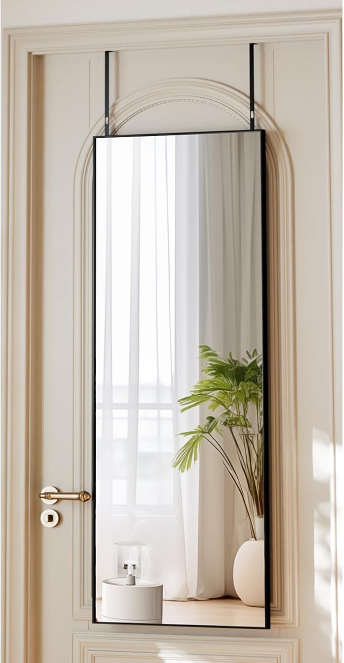 16" x 50" Adjustable Height Over The Door Mirror - Rectangular Full Length Hanging Door Mirror with Shatterproof Tempered Glass Black Metal Frame for Dormitory
