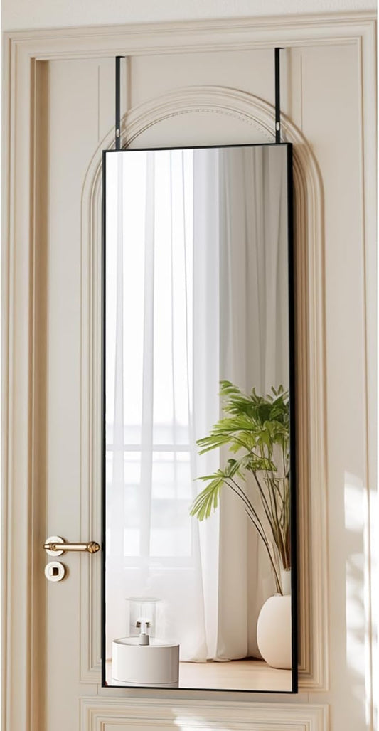 16" x 50" Adjustable Height Over The Door Mirror - Rectangular Full Length Hanging Door Mirror with Shatterproof Tempered Glass Black Metal Frame for Dormitory