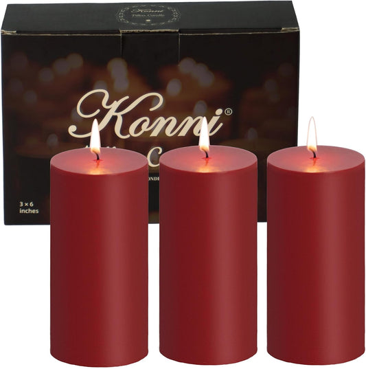 KONNI Dark Red Pillar Candles Set of 3, 3"x 6" Unscented Pillar Candles Bulk, 56 Hours Long Burning Candles, Smokeless&Dripless Large Round Candle for Wedding, Home Decoration, Parties, Spas, Dinner