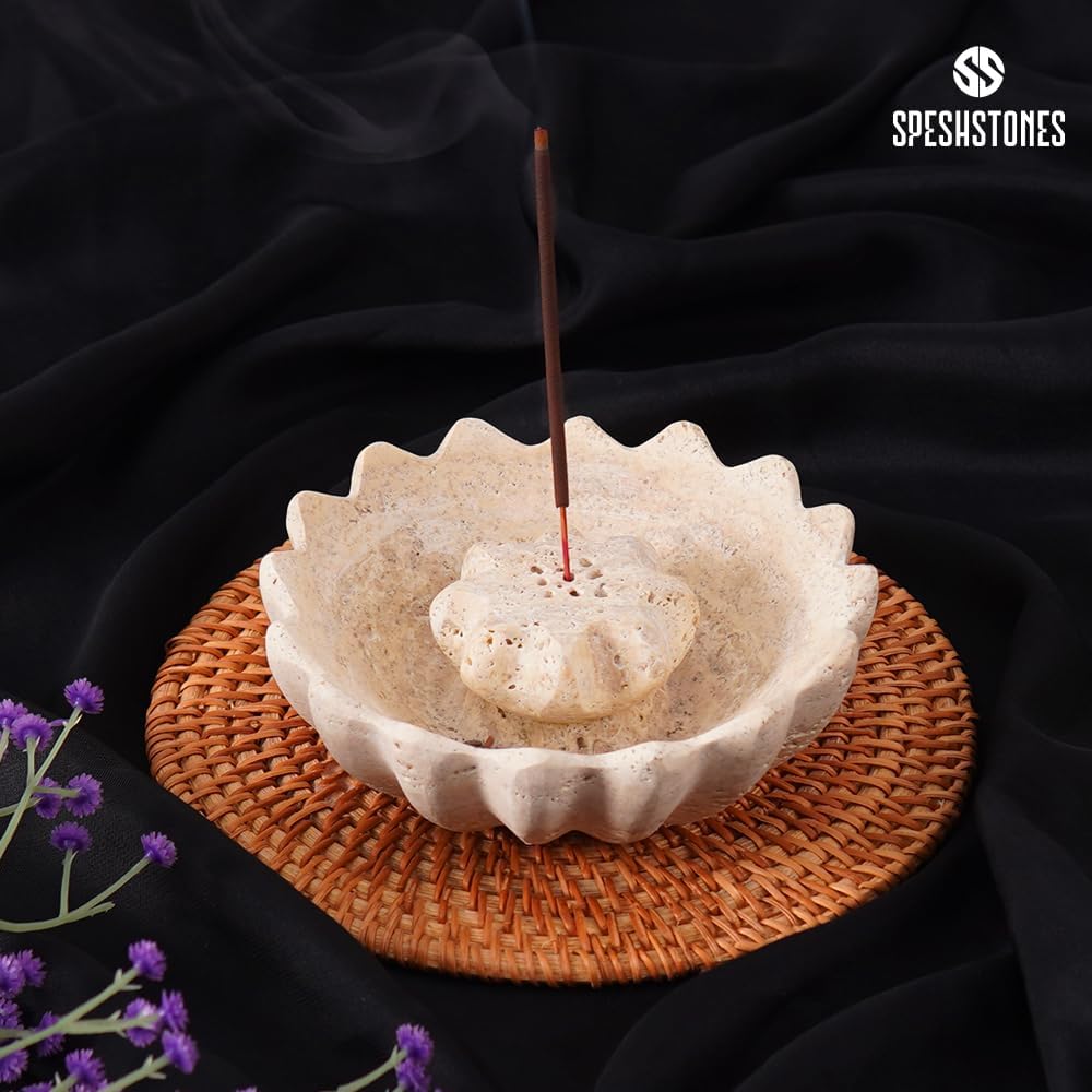 Marble Incense Holder 5.5 Inch Handmade Round Travertine Palo Santo Sticks Holder for Aesthetic Home & Bedroom décor, Inscents Stick Burner for Aromatherapy & Fragrance Accessories