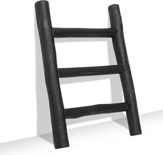 FUIN Fully Assembled Wooden Tea Towel Ladder, Mini Ladder Towel Rack Display Hanger, Small Rustic Farmhouse Tea Towel Stand Holder for Country Bathroom Decor, Black