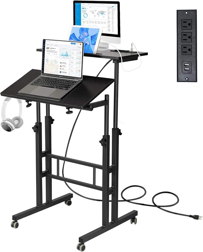 Hadulcet Mobile Standing Desk with Charging Station, Adjustable Standing Computer Desk, Standing Adjustable Laptop Cart with Wheels for Home Office Classroom Black