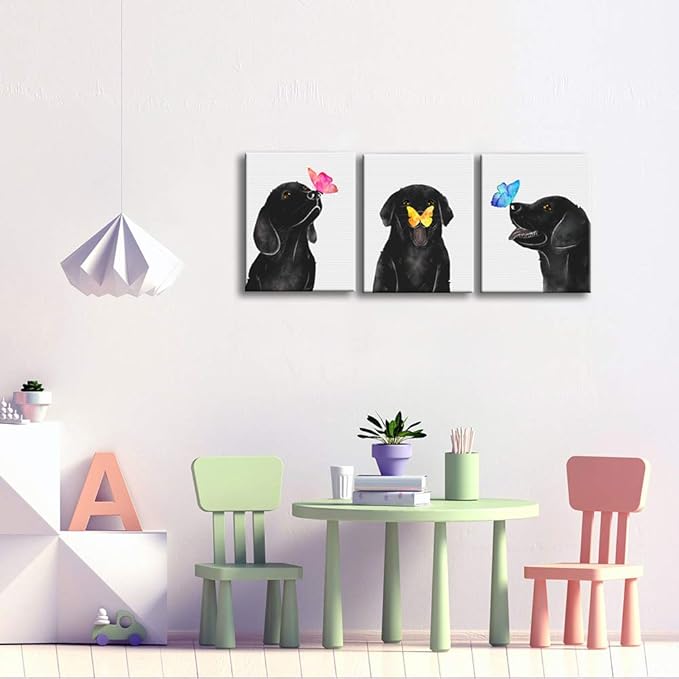 KLVOS Dog Animal Wall Art for Nursery Room Butterfly on Dog Nose Kids Bed Room Wall Decor 3 Panel Black and White Puppy Prints Picture for Pet Shop 12"x16"x3 pcs