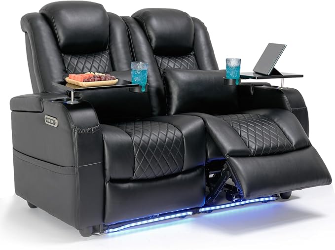 Home Theater Seating Seats, Game Movie Theater Chairs Theater Recliner Sofa with 7 Colors Ambient Lighting, Lumbar Pillow, Side Pocket, Tray Table, Power Recline, Black