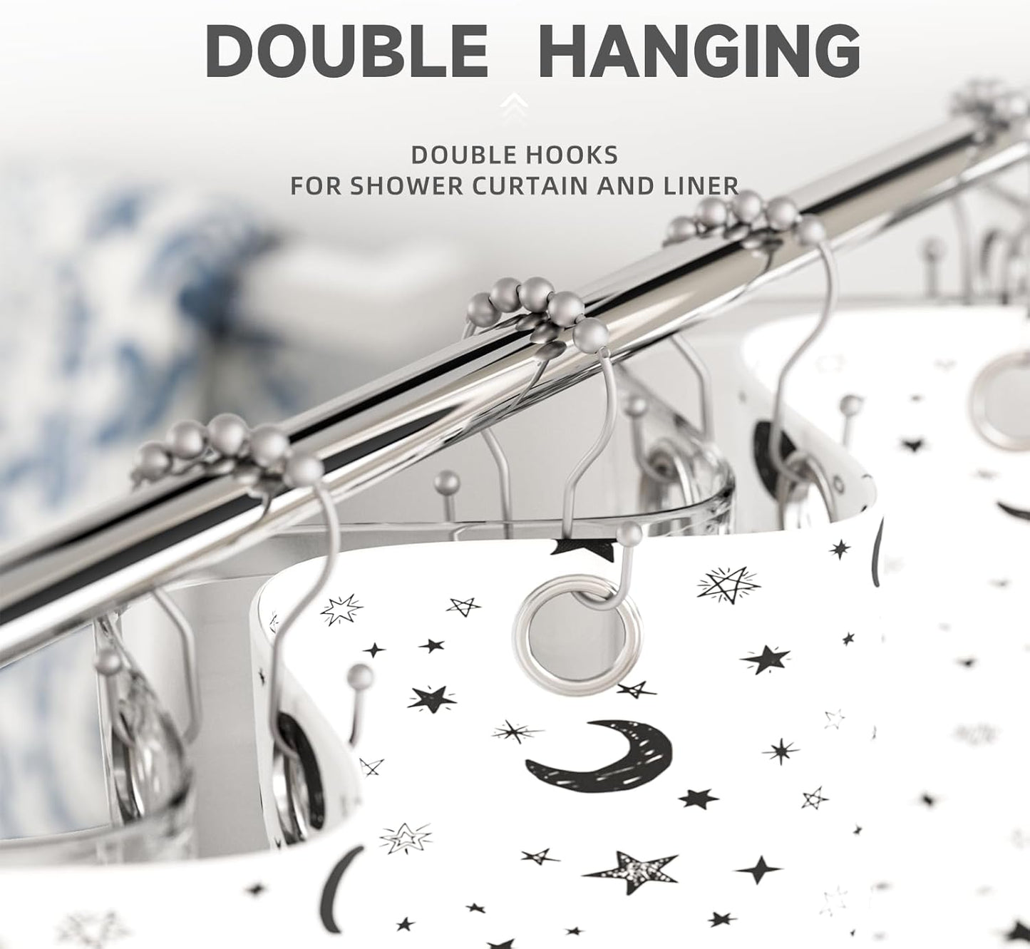 Shower Curtain Hooks Silver, Bathway Shower Curtain Rings Rust Proof, Shower Hooks for Shower Curtain Balanced Smooth Glide Double Shower Curtain Hooks, 12 Pcs