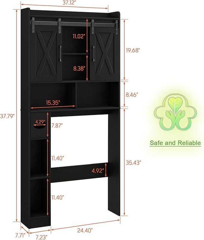 Over The Toilet Storage Cabinet, Farmhouse Storage Cabinet Over Toilet with Sliding Doors & Toilet Paper Holder Stand，Home Space-Saving Toilet Rack, for Bathroom, Laundry and Restroom.Black