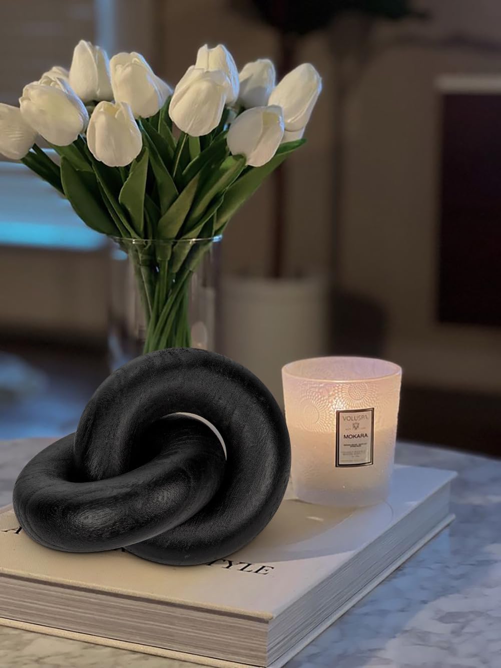 Table Decor Handcrafted Wooden Knot Sculpture Decor – Modern Nordic Style Decorative Accent for Home, Office, Shelf, and Console Table – Matte Black Finish, 7"x4.7"