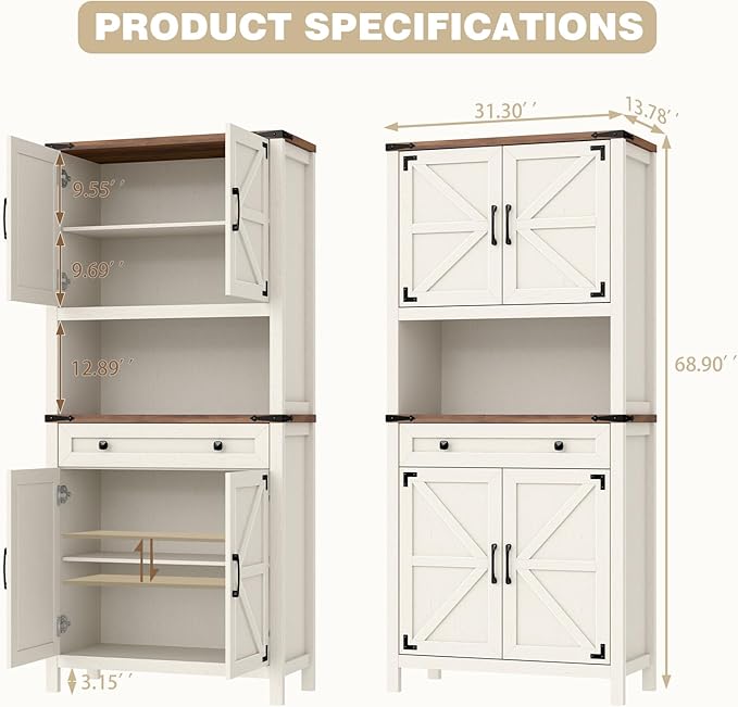 72" H Tall Farmhouse Storage Cabinet with Drawer, 6 Tier Kitchen Pantry Organize with 4 Barn Door and Adjustable Shelf, Microwave Stand for Kitchen, Garage, Living, Utility Room, White