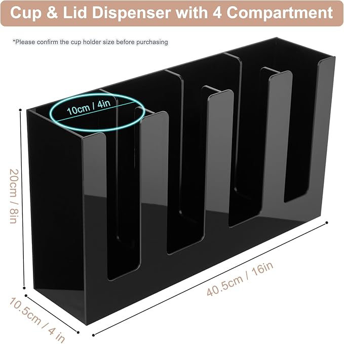 MYITYARD Coffee Cup Holder, Cup and Lid Organizer fits 5 to 16 oz Disposable Paper & Plastic Cups, Cup Dispenser Countertop, Acrylic Cup Storage for Home, Kitchen, Office (4 Compartment)