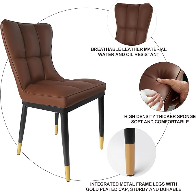 High-Back Faux Leather Dining Chairs Set of 2, Modern Sturdy Upholstered Accent Side Chair Deep Sponge Padded Seat with Metal Legs for Kitchen Dining Living Room Bedroom (Brown)