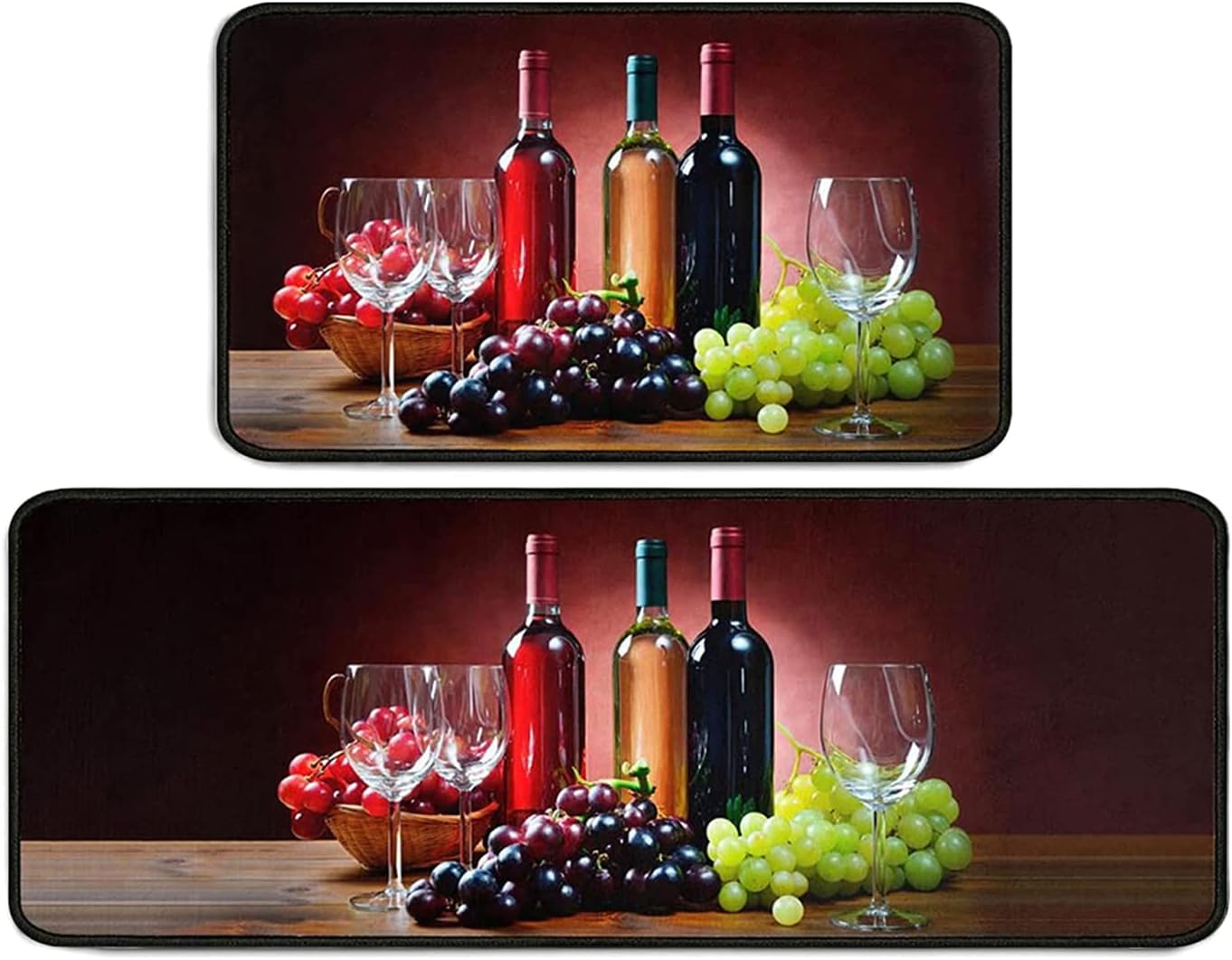 2 Piece Wine Kitchen Rug Set, 3D Wine Glasses Kitchen Rugs and Mats Non Skid Washable Absorbent Microfiber Kitchen Floor Decor Mat 17"x 47"+17"x 30"