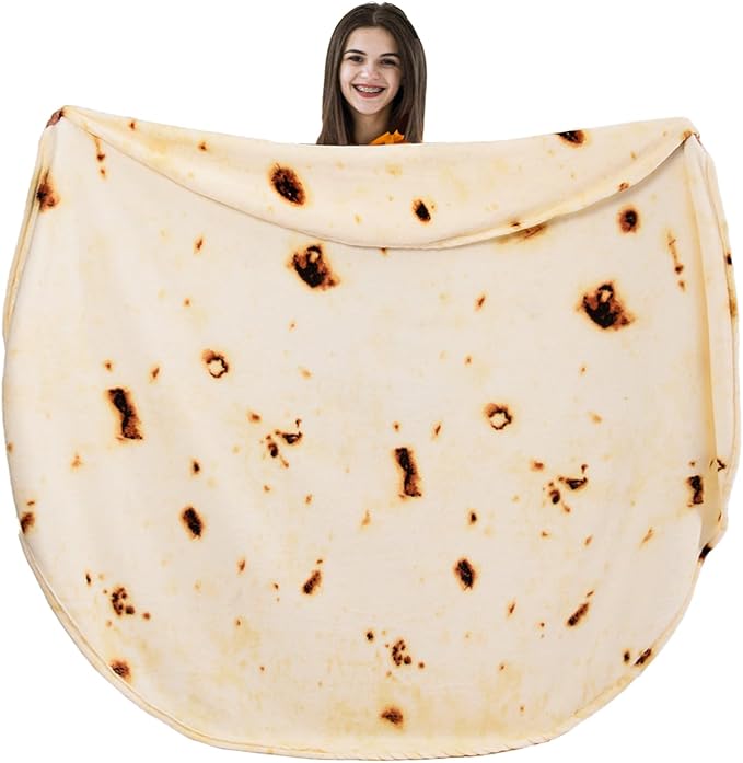 Vessia Burritos Tortilla Queen Size Blanket(Beige, 90 inches) Giant Realistic Funny Food Blanket for Adults and Kids, Novelty Double Sided Round Tortilla Wrap Decor, Soft Flannel Taco Decor for Bed