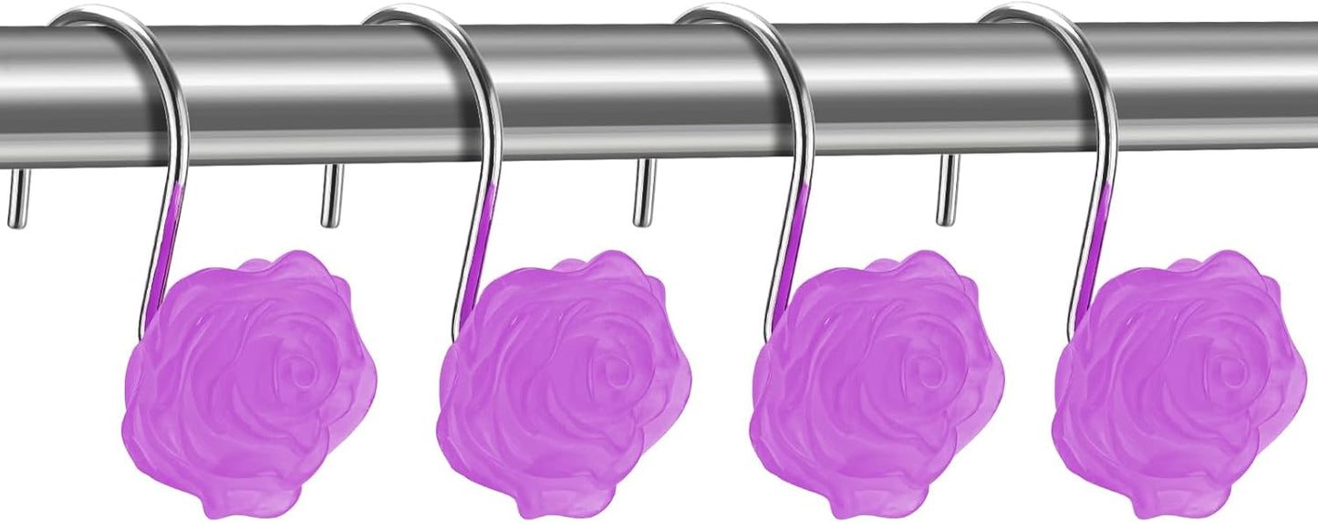 Purple Rose Shower Curtain Hooks Cute Lavender Flower Glow in The Dark Decorative Resin Hooks for Shower Curtain Rust Proof Girly Floral Bathroom Art Decors
