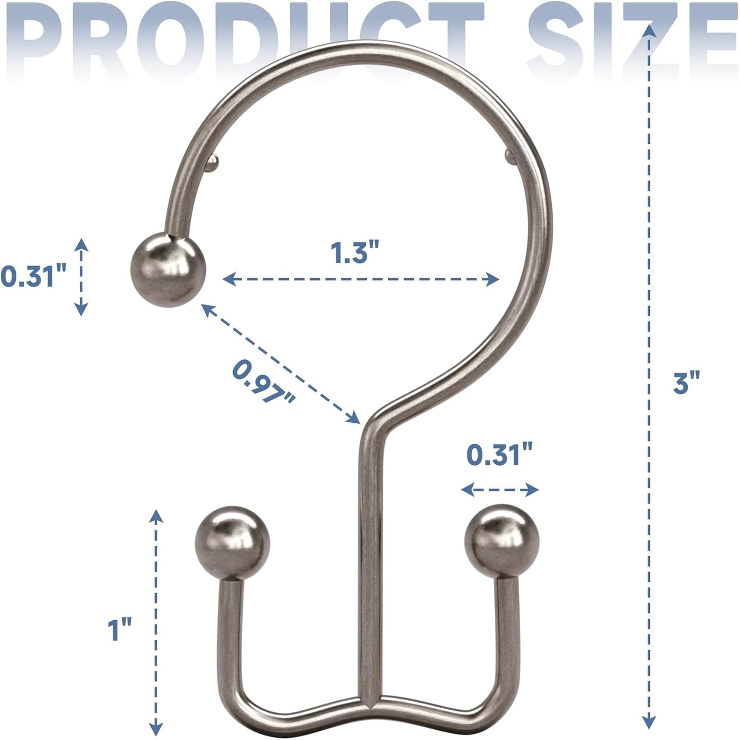 Titanker Shower Curtain Hooks Nickel, Minimalist Simple Double Glide Shower Curtain Rings, Rust Proof Metal Shower Hooks Rings for Bathroom Shower Rods Curtains, Set of 12 Hooks