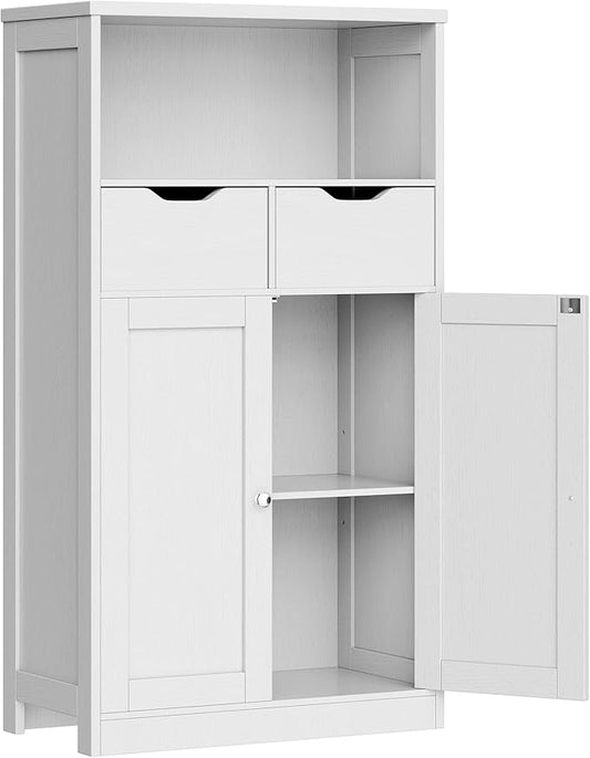 Vongrasig Bathroom Storage Cabinet, Freestanding Pantry Cabinet with 2 Drawers and Adjustable Shelves, Wooden Floor Storage Organizer for Bathroom, Living Room, Kitchen, Entryway, Farmhouse, White