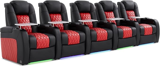 Home Theater Seating, Top Grain Leather Movie Seats Recliner Chair, Zero Gravity Reclining Gaming Sofa with Power Headrest 7 Colors Ambient Lighting 5 Seats Black Dark Red