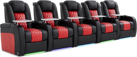 Home Theater Seating, Top Grain Leather Movie Seats Recliner Chair, Zero Gravity Reclining Gaming Sofa with Power Headrest 7 Colors Ambient Lighting 5 Seats Black Dark Red