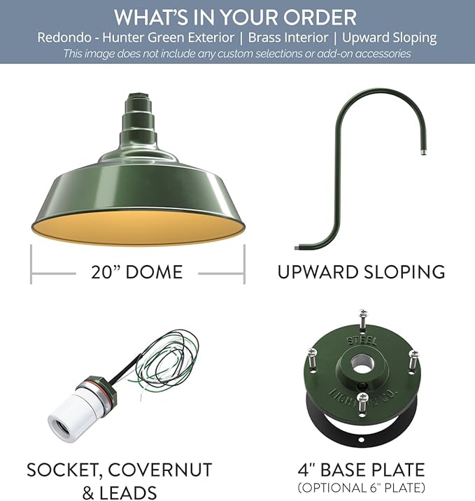 Steel Lighting Co. Redondo Barn Light | Outdoor Wall Mounted | 20 inch Dome | Upward Sloping Gooseneck | Large Farmhouse Warehouse Light Made in America | Hunter Green Exterior/Brass Interior