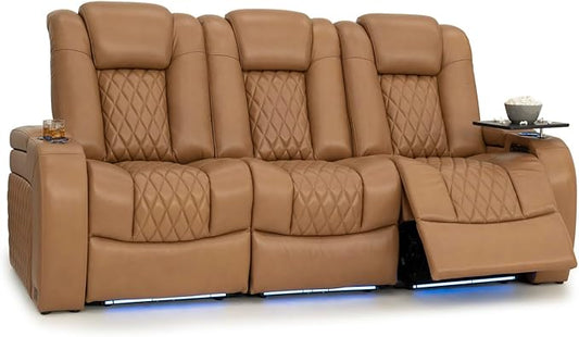 Seatcraft Diamante Zero-Gravity CoolZero Italian Leather Home Theater Seating, Power Headrest, Power Recline, Row of 3 Sofa, Tan Oak