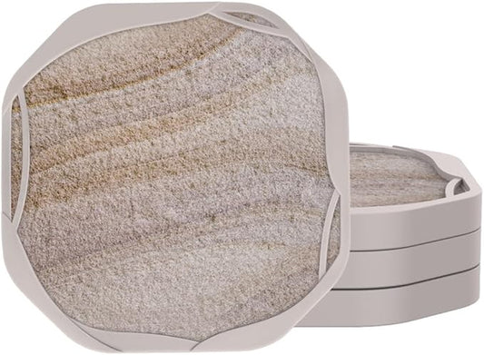 UMIRRO Absorbent Coasters for Drinks, Rustic Silicone Cup Coaster with Felt Insert for Beach Coffee Table Decor, Small Birthday Gift Ideas for Men Dad Him Women Mom Her, 4", Sandstone Style, Set of 4