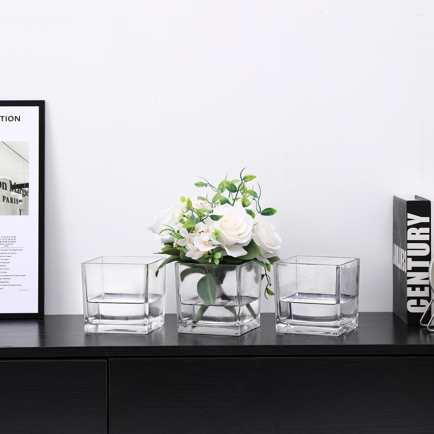 Square Glass Vases Set of 6, 4" x 4" x 4" Square Flower Vases for Centerpieces, Clear Vase for Flowers, Small Vase for Wedding, Party, Home Office Decoration