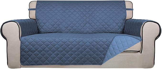 PureFit Reversible Quilted Sofa Cover, Water Resistant Slipcover Furniture Protector, Washable Couch Cover with Non Slip and Elastic Straps for Kids, Dogs (Oversized Loveseat, Dark Blue/Light Blue)