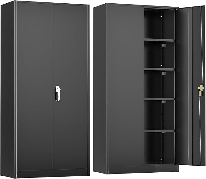 SUNCROWN 72" Metal Storage Cabinet - Heavy-Duty Metal Garage Cabinet with 4 Adjustable Shelves & 2 Doors for Tools, Office, Home, Workshop,Black