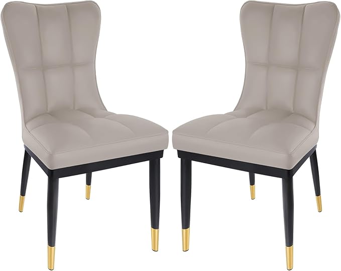 High-Back Faux Leather Dining Chairs Set of 2, Modern Sturdy Upholstered Accent Side Chair Deep Sponge Padded Seat with Metal Legs for Kitchen Dining Room Living Room Bedroom (Light Grey)