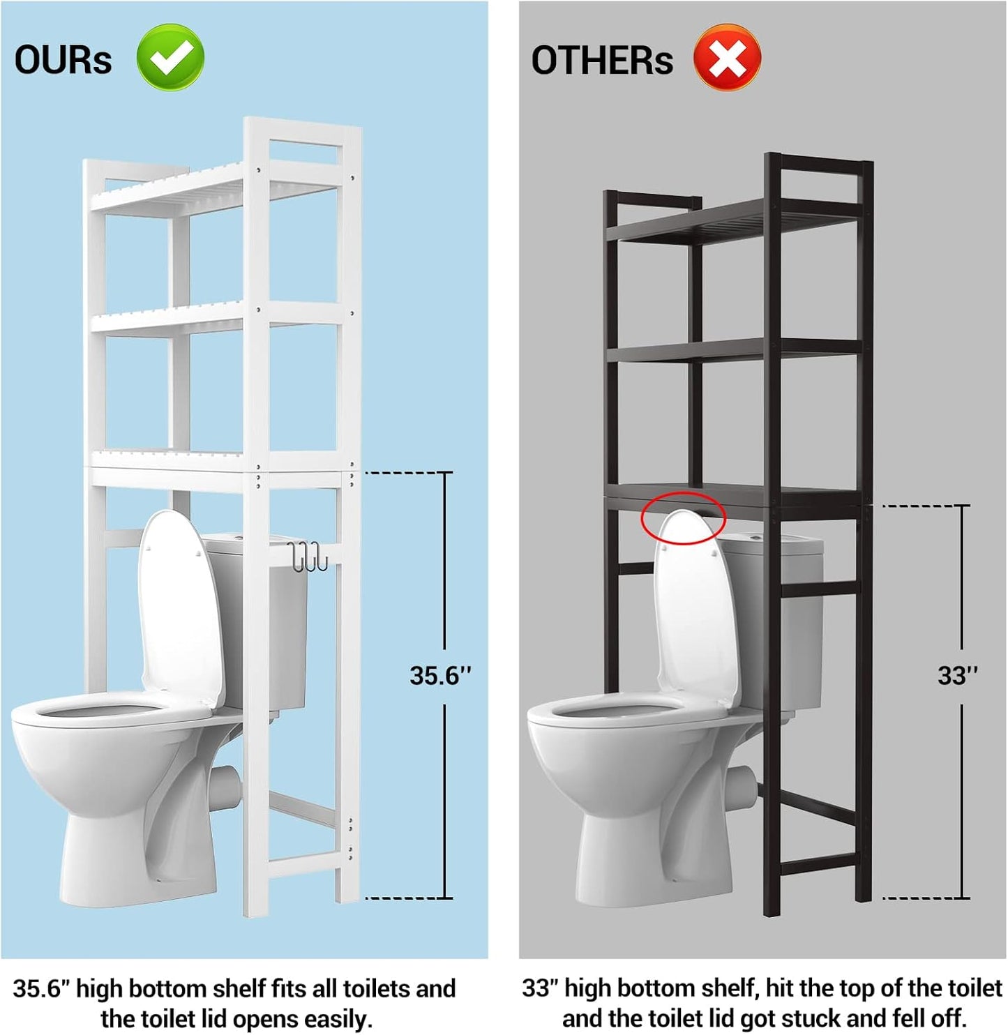Homykic Over The Toilet Storage, Bamboo Over Toilet Bathroom Organizer Rack, Freestanding Bathroom Shelves Above Toilet Storage with 3 Hooks, Bathroom Space Saver, No Rust, Easy to Assemble, White