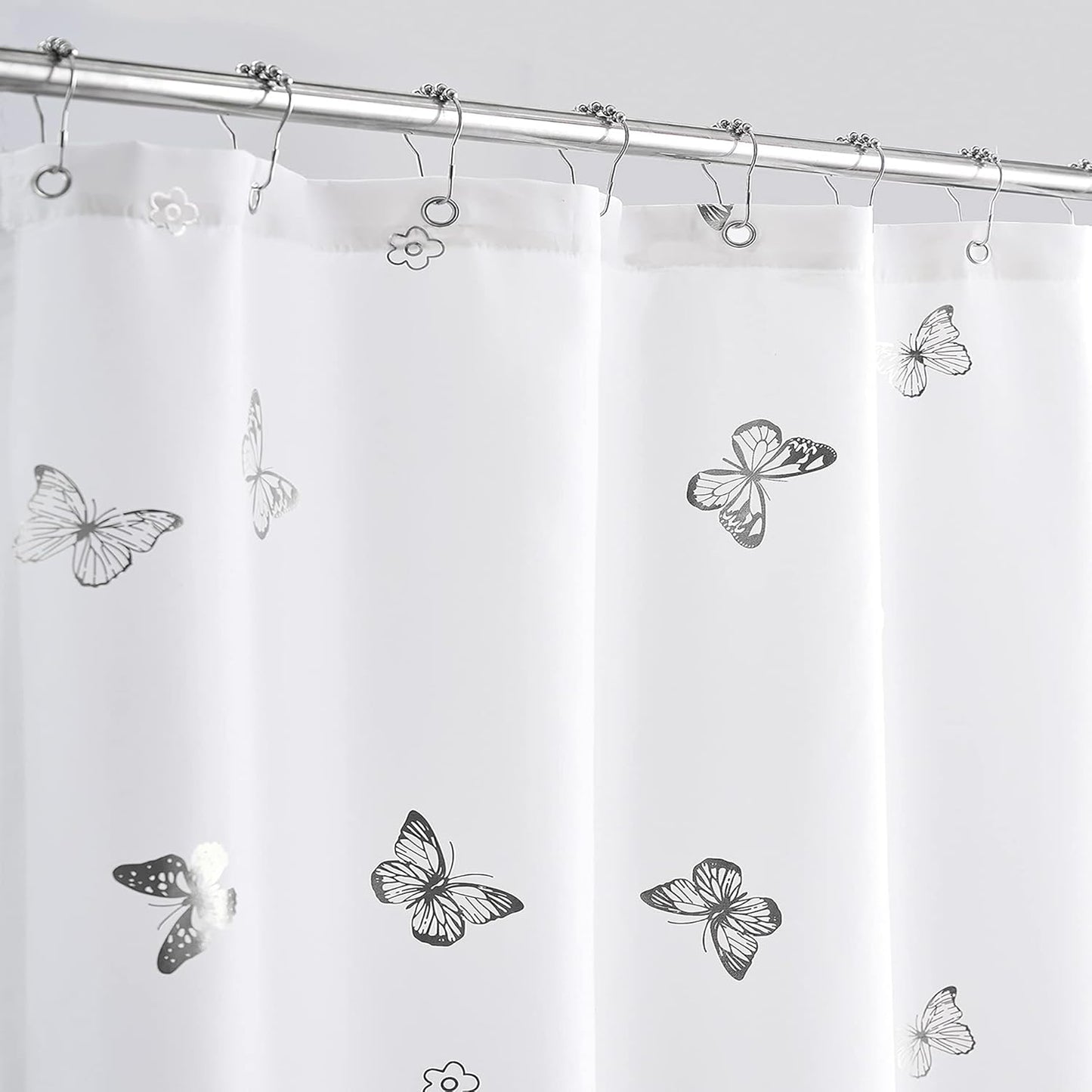 Jubilantex Butterfly Shower Curtain for Bathroom, White Silver Print Farmhouse Waterproof Bathroom Decorative Rustic Kids Shower Curtain with 12 Rust Proof Grommets for Spa Hotel, 70x72 Inches