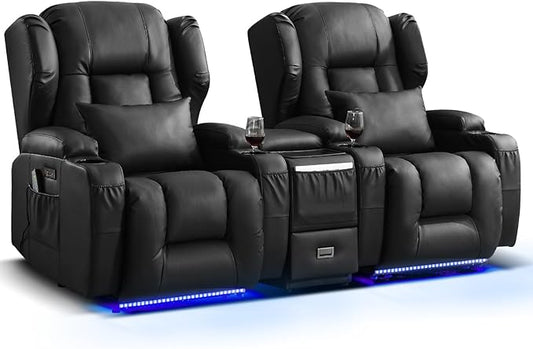 Wall Hugger Power Recliner Chair, Home Theater Seating Electric Recliing Sofa with Massage & Heat, Cup Holder, USB Port, LED Ambient Light, Storage for Living Room (Black, 2 Chairs + Console)