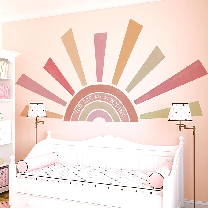 Large Rainbow Sun Wall Decals, Inspirational Peel and Stick Fabric Nursery Wall Decor, Removable Home Room Wall Decor Murals Stickers for Kids Girls Toddler Bedroom Living Room Playroom