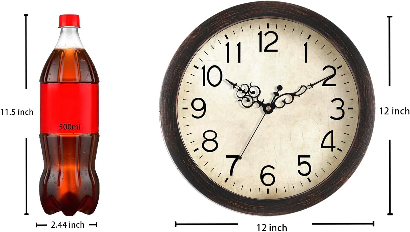 Wall Clock 12 Inch Vintage Wall Clocks Battery Operated Quartz Silent Non-Ticking Retro Rustic Style Clock Decorative for Living Room, Home Office, Kitchen,Bedroom (Bronze)