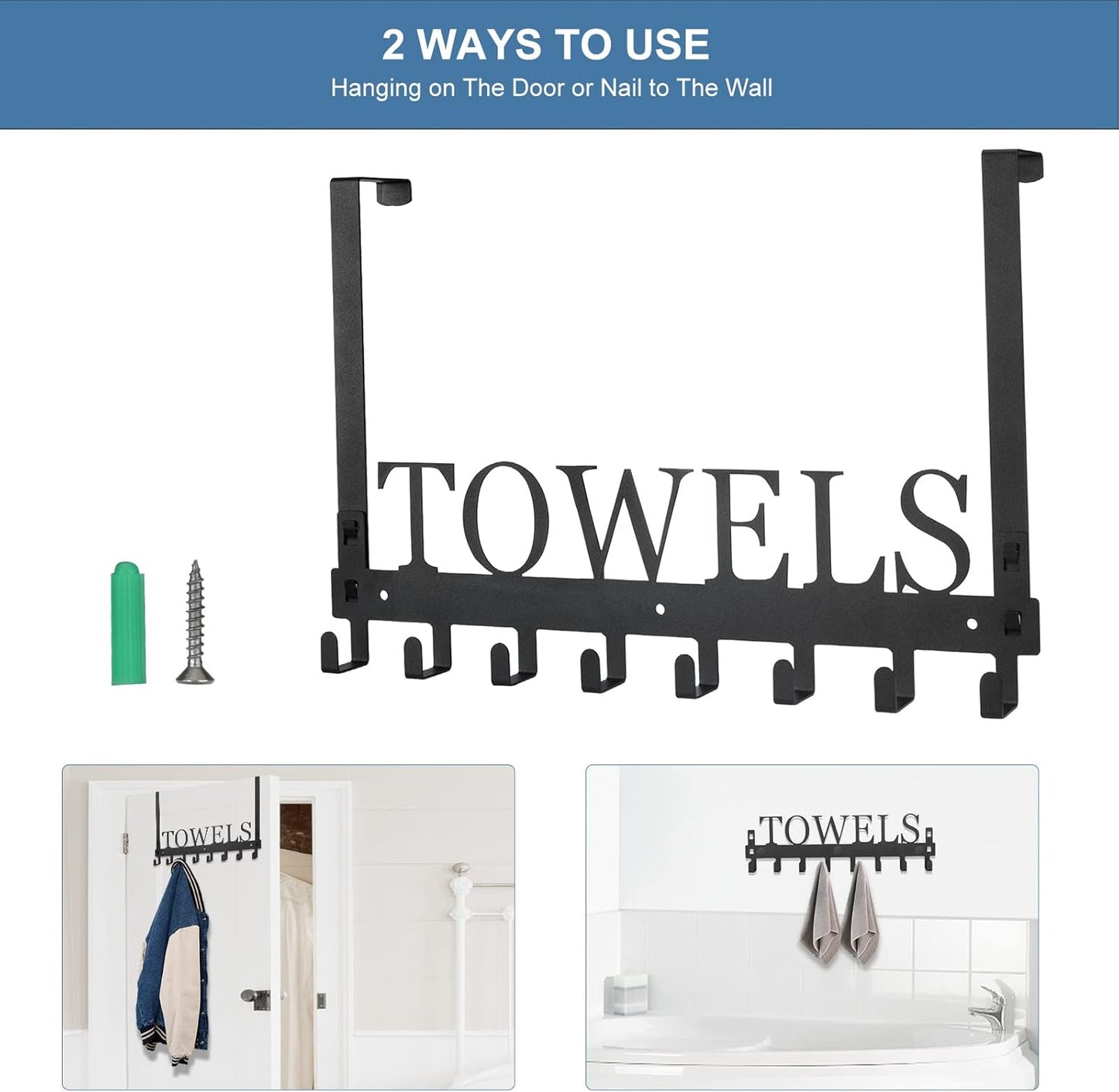 Over The Door Hooks, Towel Rack for Bathroom Towel Holder for Hanging Heavy Duty, Wall Mount Towel Hanger with 8 Hooks for Bedroom Bathroom Pool Kitchen Towels, Bag, Coats, Black