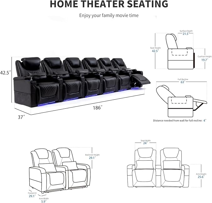 Home Theater Seating Seats, Theater Recliner Chair Sofa Game Movie Theater Chairs with 7 Colors Ambient Lighting, Lumbar Pillow, Side Pocket, Tray Table, Power Recline, Black