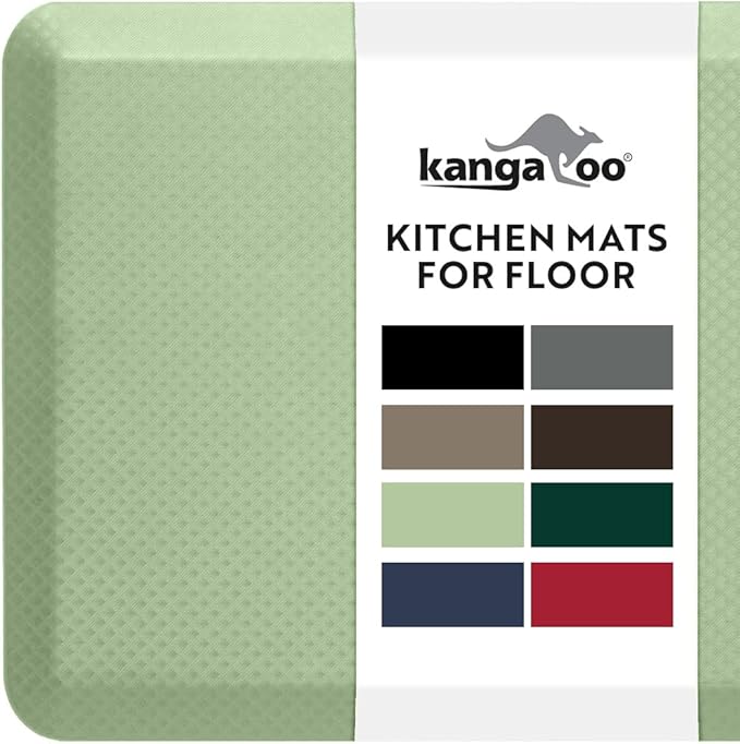 KANGAROO Thick Ergonomic Anti Fatigue Mats for Kitchen Floor, 39x20, Cushioned Standing Office Desk Mat, Waterproof Scratch Resistant Topside, Supportive All Day Comfort Padded Foam Rugs, Sage Green