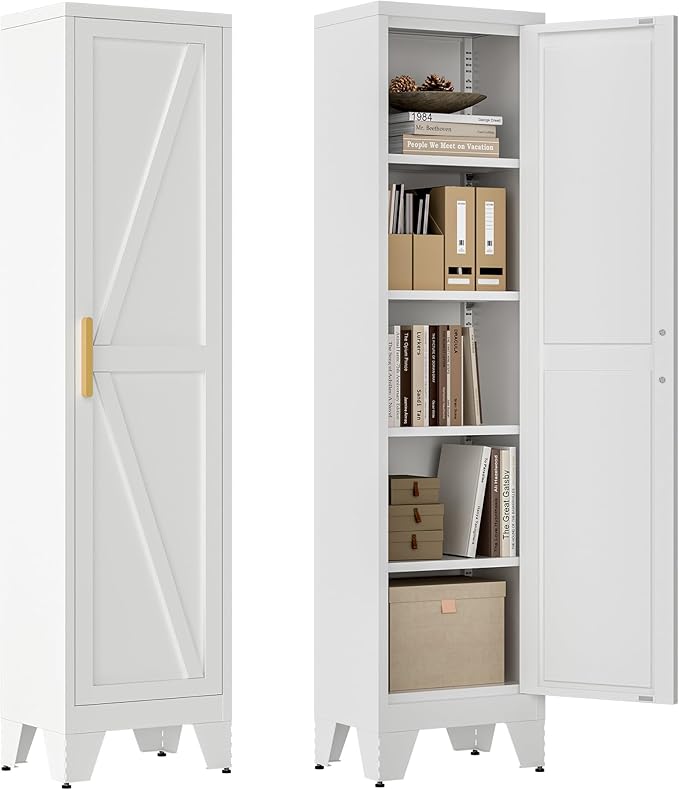 67''Farmhouse Metal Storage Cabinet with Barn Doors,Steel File Cabinet for Home Office,Kitchen Pantry 4 Adjustable Shelves,Freestanding Cupboard for Kitchen,HomeOffice(White)