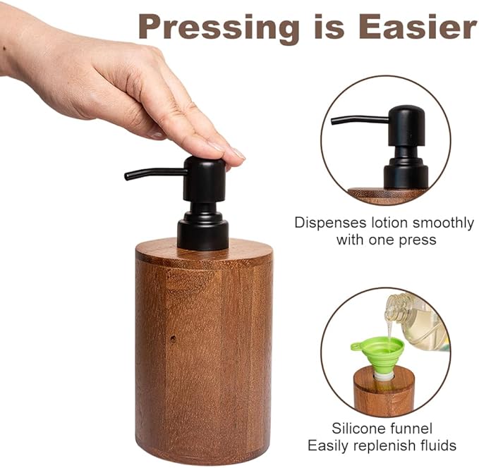 Walnut Wood Soap Dispenser with Pump, Funnel & Label, Refillable Hand Soap Dispenser for Bathroom & Kitchen, Cylinder Design, Rustic Countertop Decor(7oz/200ml)