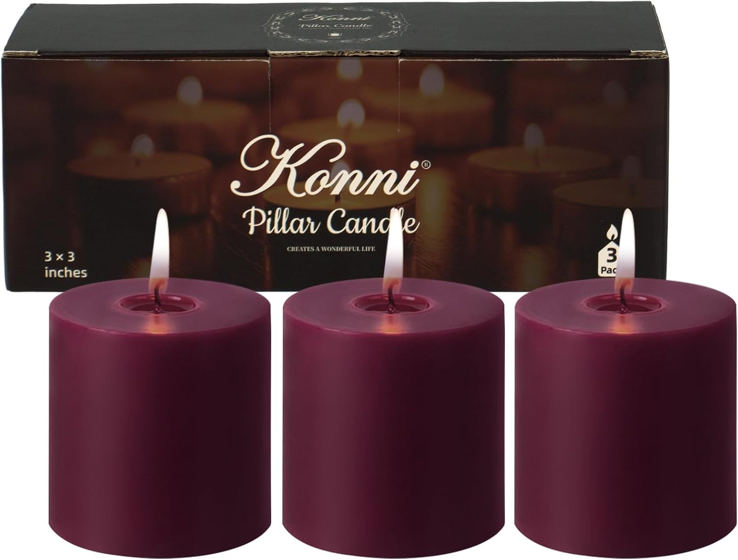 KONNI Purple Pillar Candles Set of 3, 3"x 3" Unscented Pillar Candles Bulk, 30 Hours Long Burning Candles, Smokeless&Dripless Large Round Candle for Wedding, Home Decoration, Parties, Spas, Dinner
