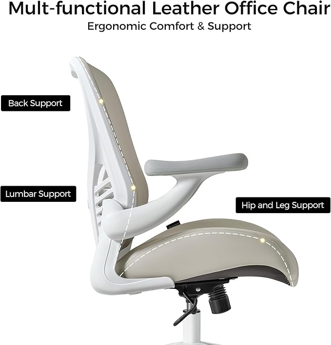 EUREKA ERGONOMIC Vera Leather Office Chair, PU Leather Desk Chair with Wheels and 3D Adjustable Armrests, Executive Office Chair, Ideal for Home & Office, Light Grey