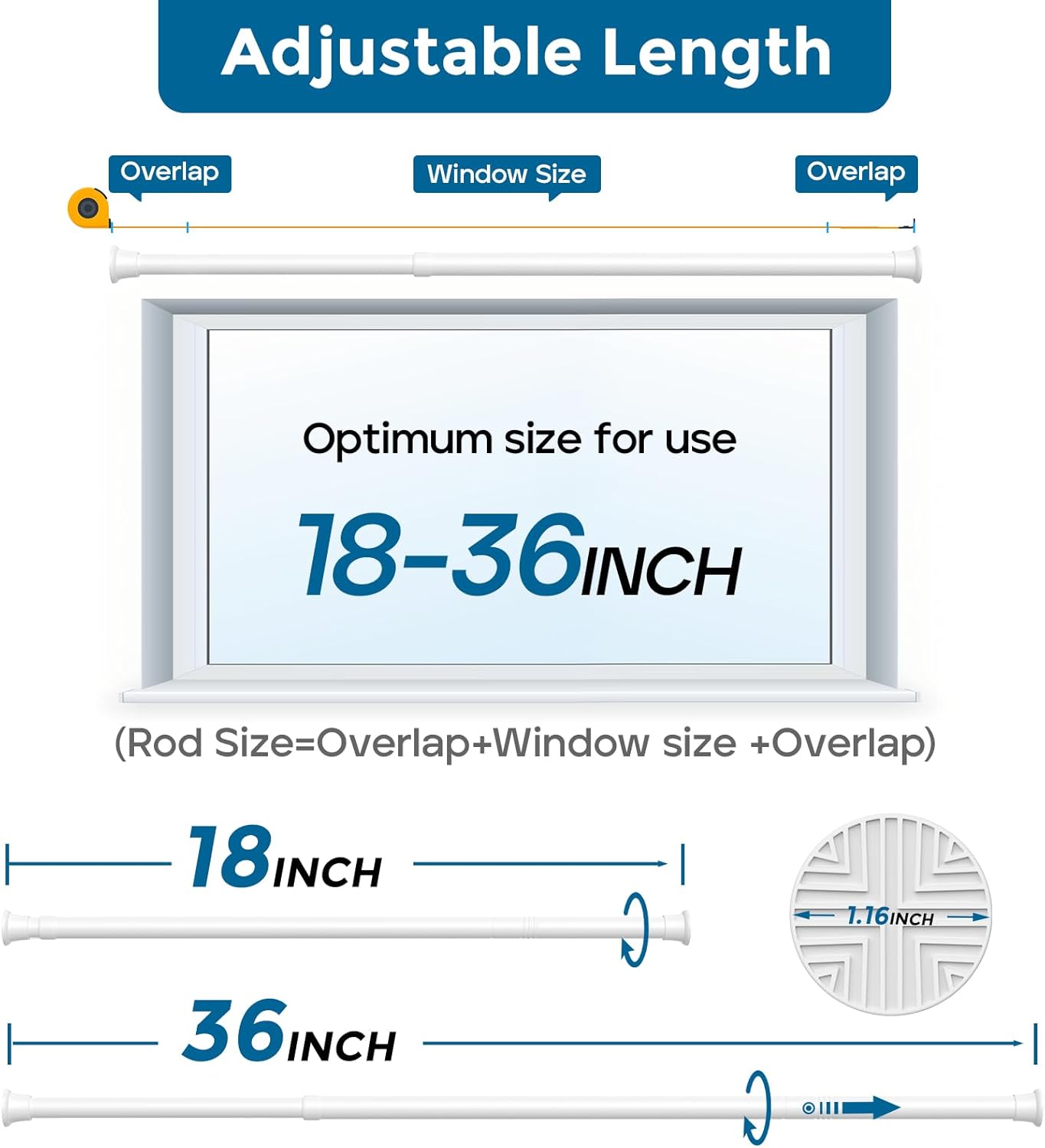 AIZESI Tension Rods 18-36 inch，2Pcs Adjustable Black Tension Rod No Drilling Small Tension Rod Spring Curtain Rod