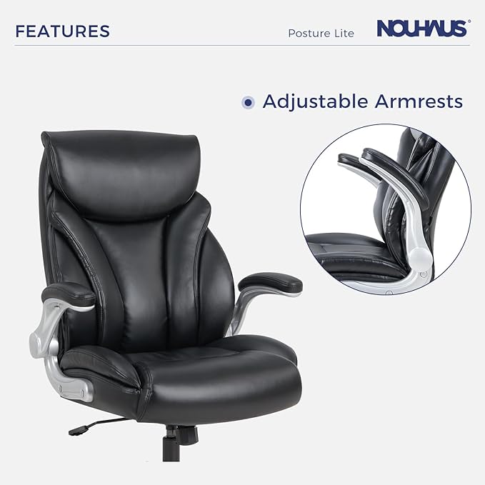 Nouhaus Big and Tall Desk Office Chair with Lumbar Support, High Back PU Leather Ergonomic Office Chair, Executive Desk Chair Computer Chairs with Adjustable Flip-up Armrests (Posture Lite,Black)