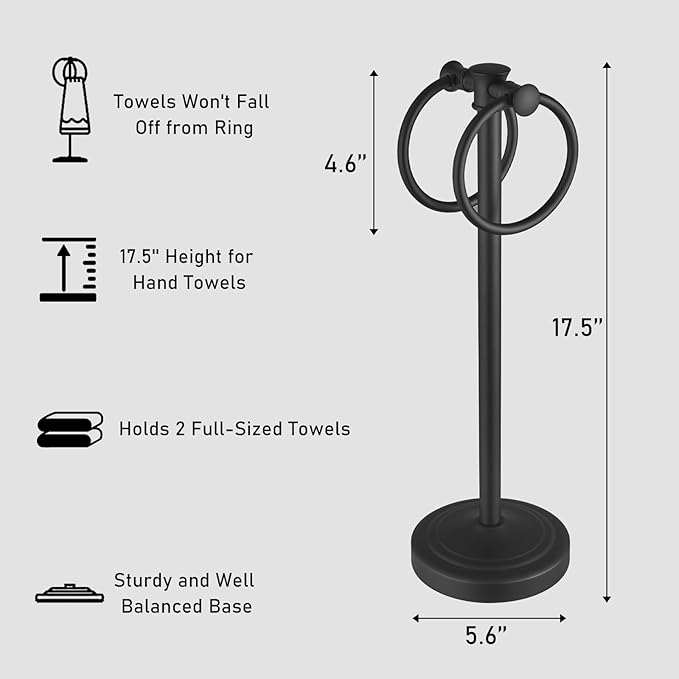 Hoimpro 17" Matte Black Stainless Steel Standing Towel Rack Double Towel Ring Hand Towel Stand Holder, Bathroom Accessories Set Hardware Towel Bar Hanger for Bathroom Vanity and Kitchen Countertops