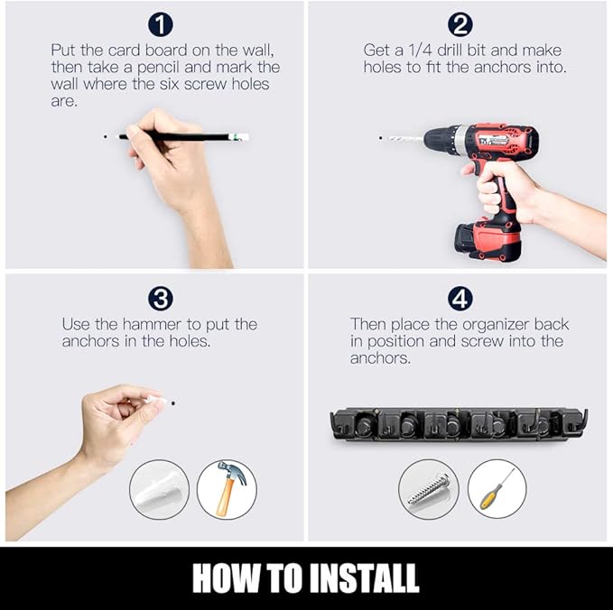 IMILLET Mop and Broom Holder, Wall Mounted Organizer-Mop and broom Storage Tool Rack with 5 Ball Slots and 6 Hooks (Black)