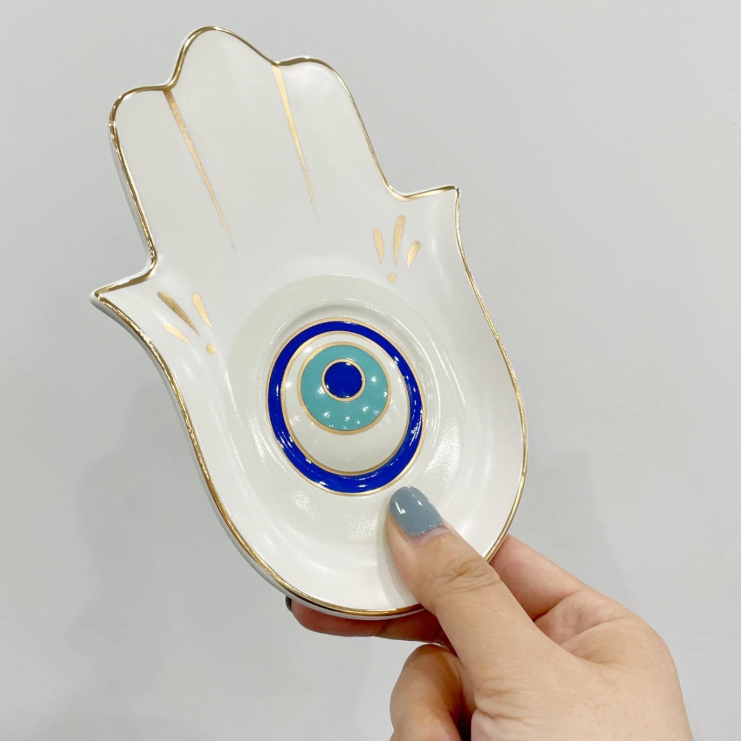 Ceramic Hamsa Hand Incense Holder - 2 in 1 Brass Incense Holder for Sticks and Coil Incense- Zen Decor with Hand of Fatima Design Protection from Evil - 6.2" L X 4.5" W (WhiteEye)