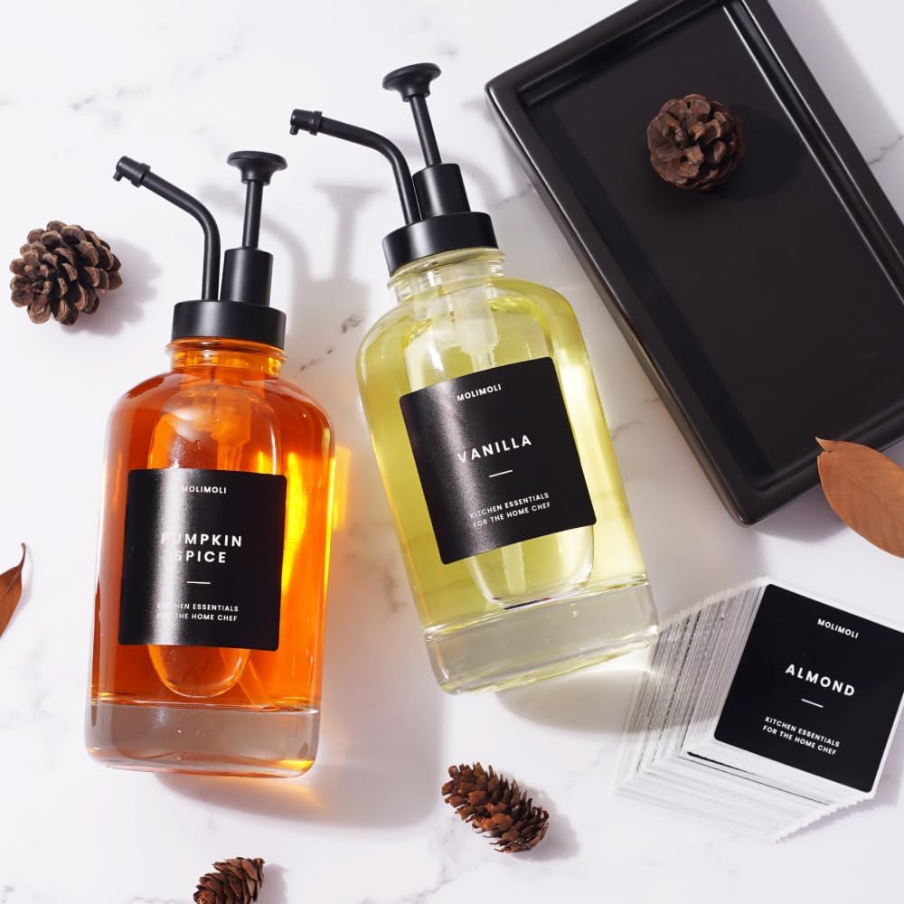 Molimoli Coffee Syrup Dispenser - Glass Bottle with Pump, Maple/Coffee Syrup, Labels and Tray